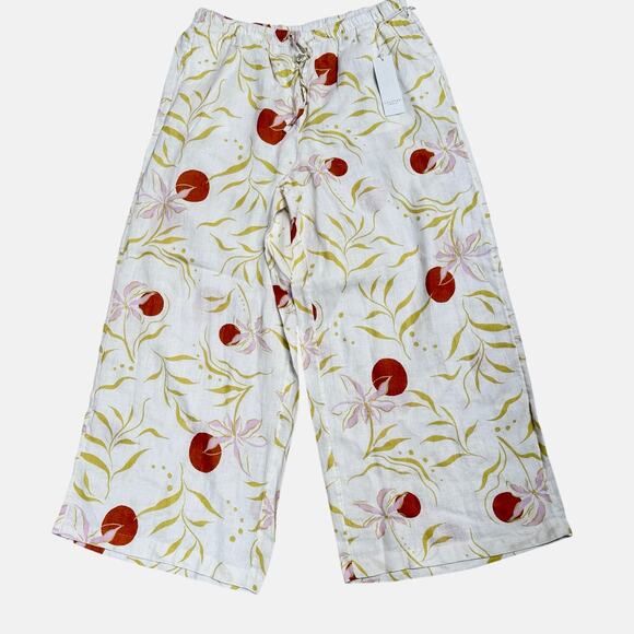 CALYPSO St. Barth 100% Linen Wide Leg Pants White Floral Print Size XL NWT - Picture 1 of 5